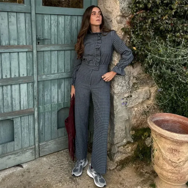 Bubble sleeve plaid long jumpsuit